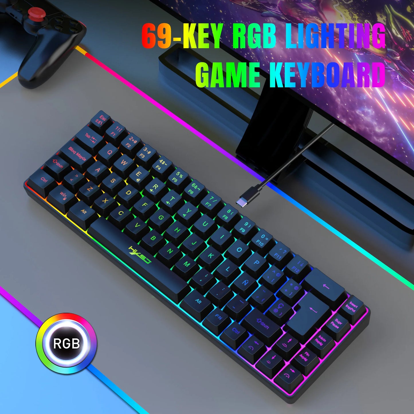 Hot sale!Spanish 69-key RGB backlit wired gaming keyboard, 68% compact design, A must-have gadget for office workers and gamers