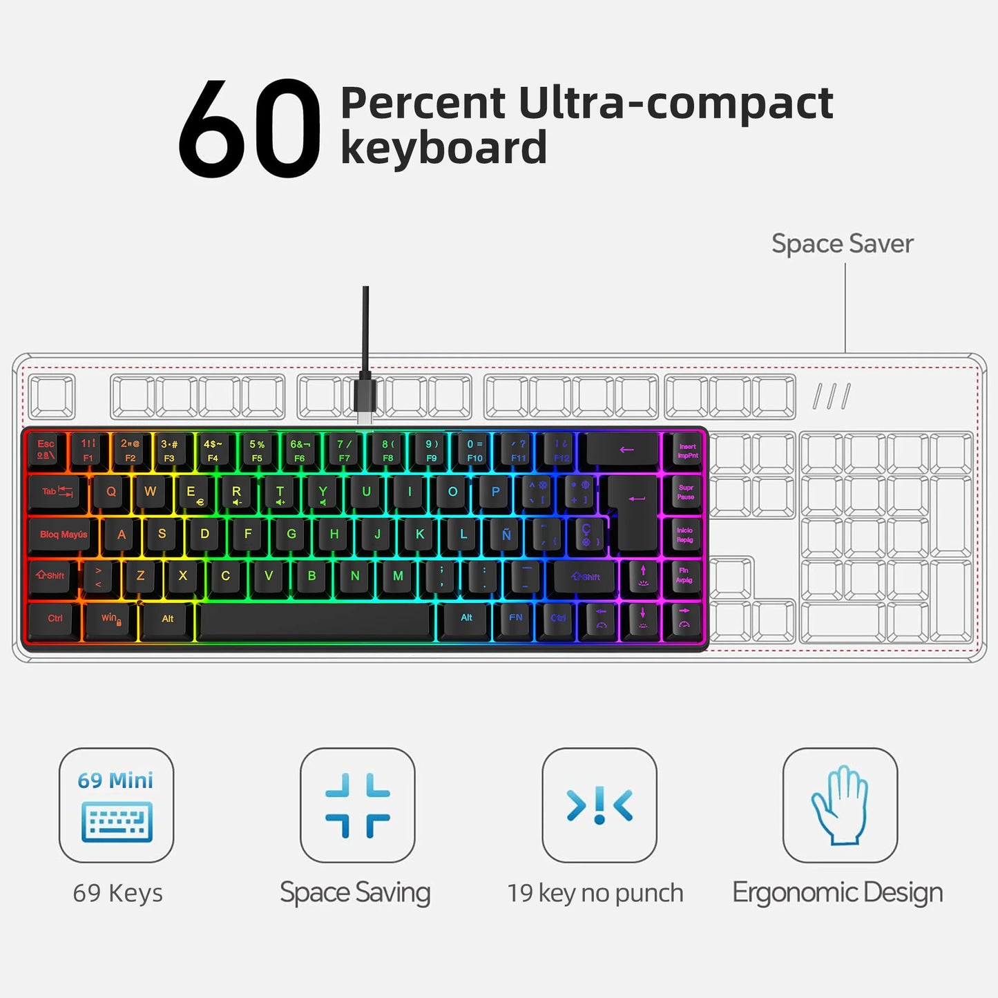 Hot sale!Spanish 69-key RGB backlit wired gaming keyboard, 68% compact design, A must-have gadget for office workers and gamers