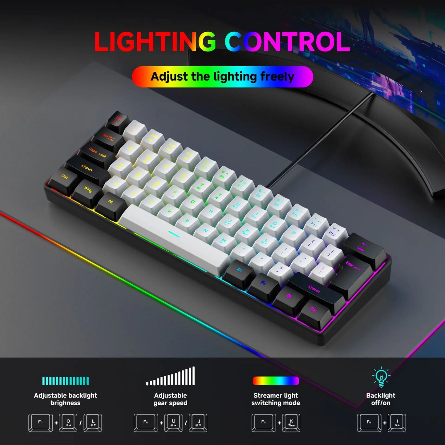 61 Keys RGB Gaming Wired keyboard Mouse Set Colorful Mini Compact Black White Computer Keypad Mice Set for Office PC Gamer