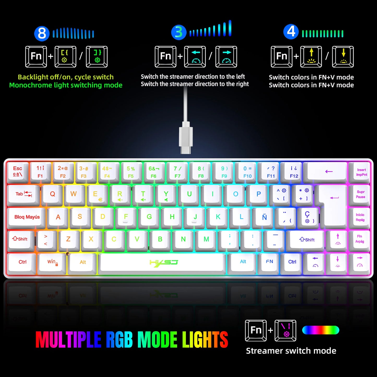 Hot sale!Spanish 69-key RGB backlit wired gaming keyboard, 68% compact design, A must-have gadget for office workers and gamers