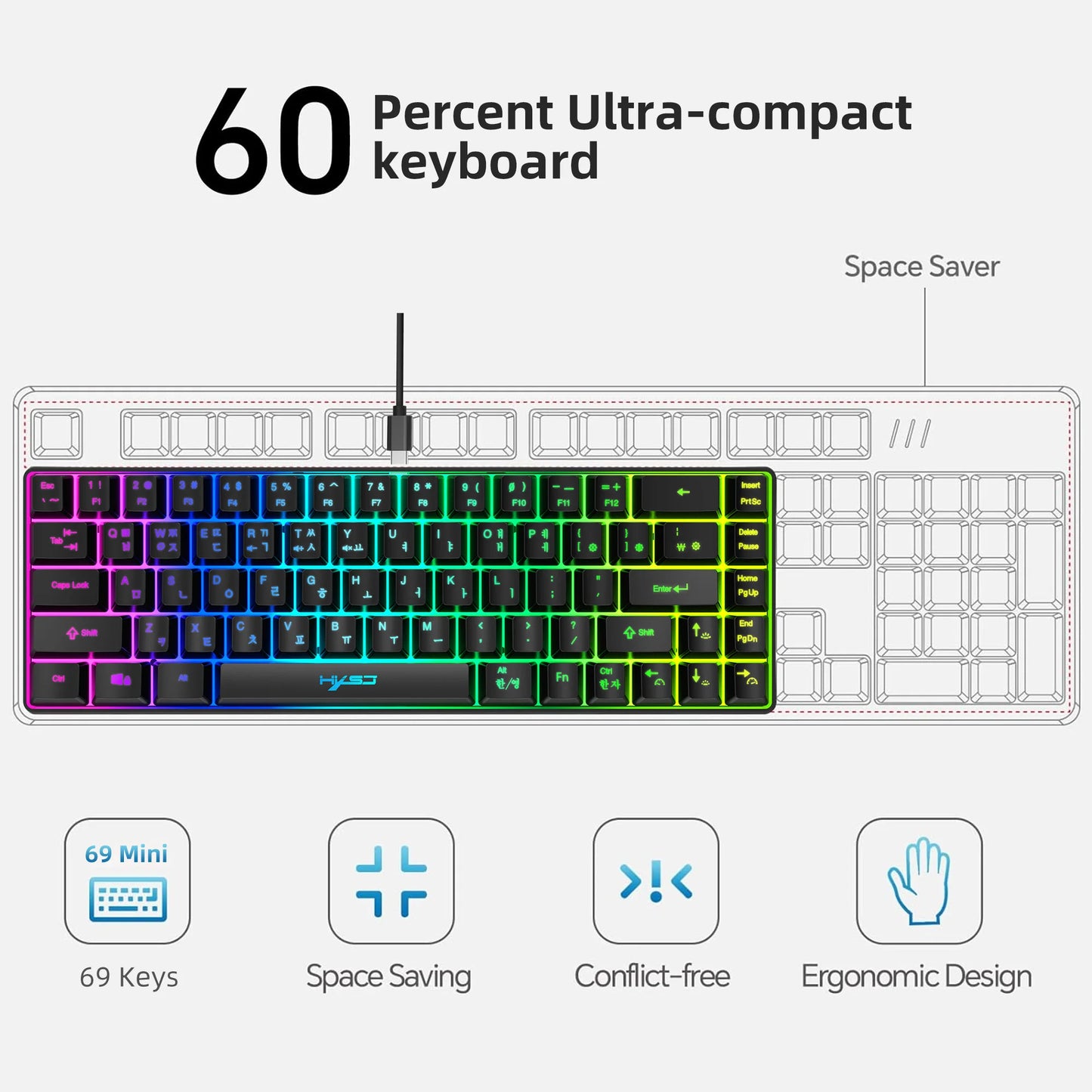 Hot sale HXSJ V200 65% Korean gaming Keyboard, 68-Key RGB Backlit Wired office membrane Keyboard for Desktop PC and Laptops