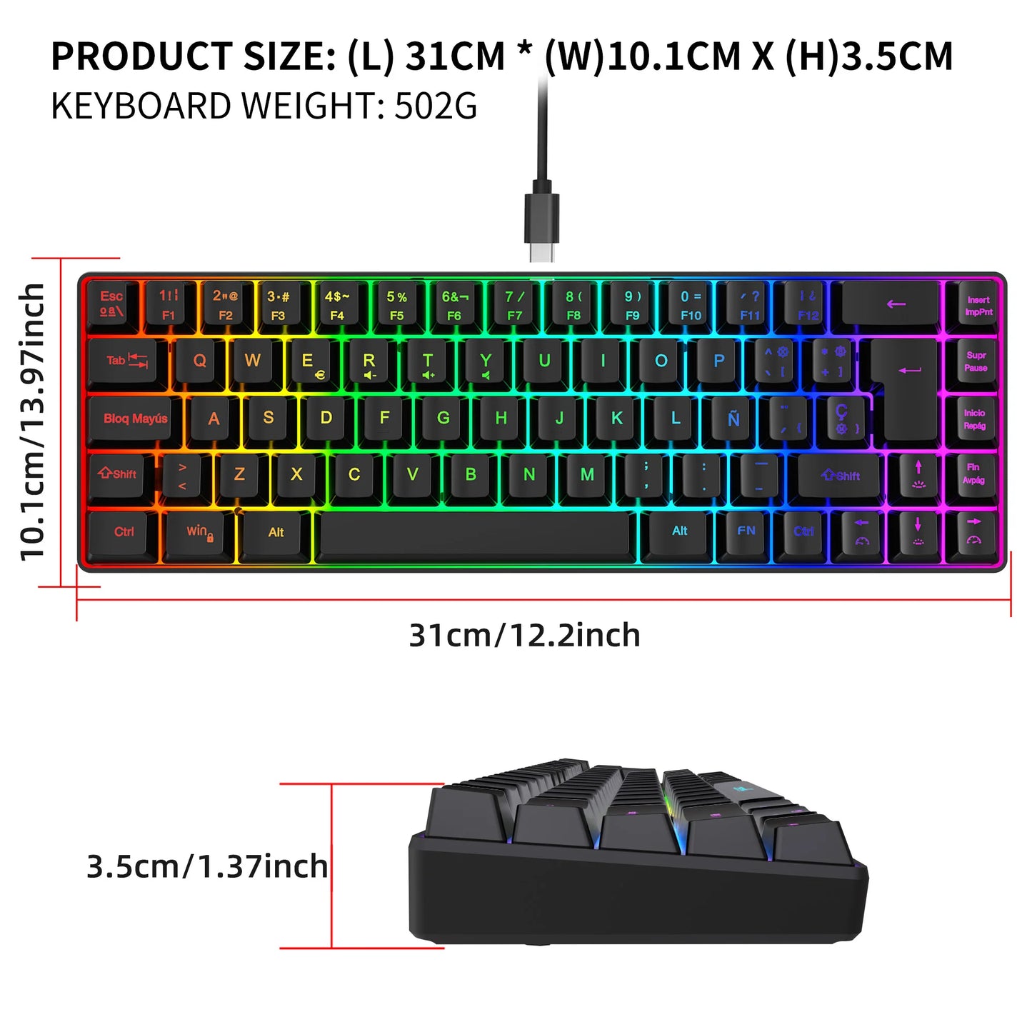 Hot sale!Spanish 69-key RGB backlit wired gaming keyboard, 68% compact design, A must-have gadget for office workers and gamers