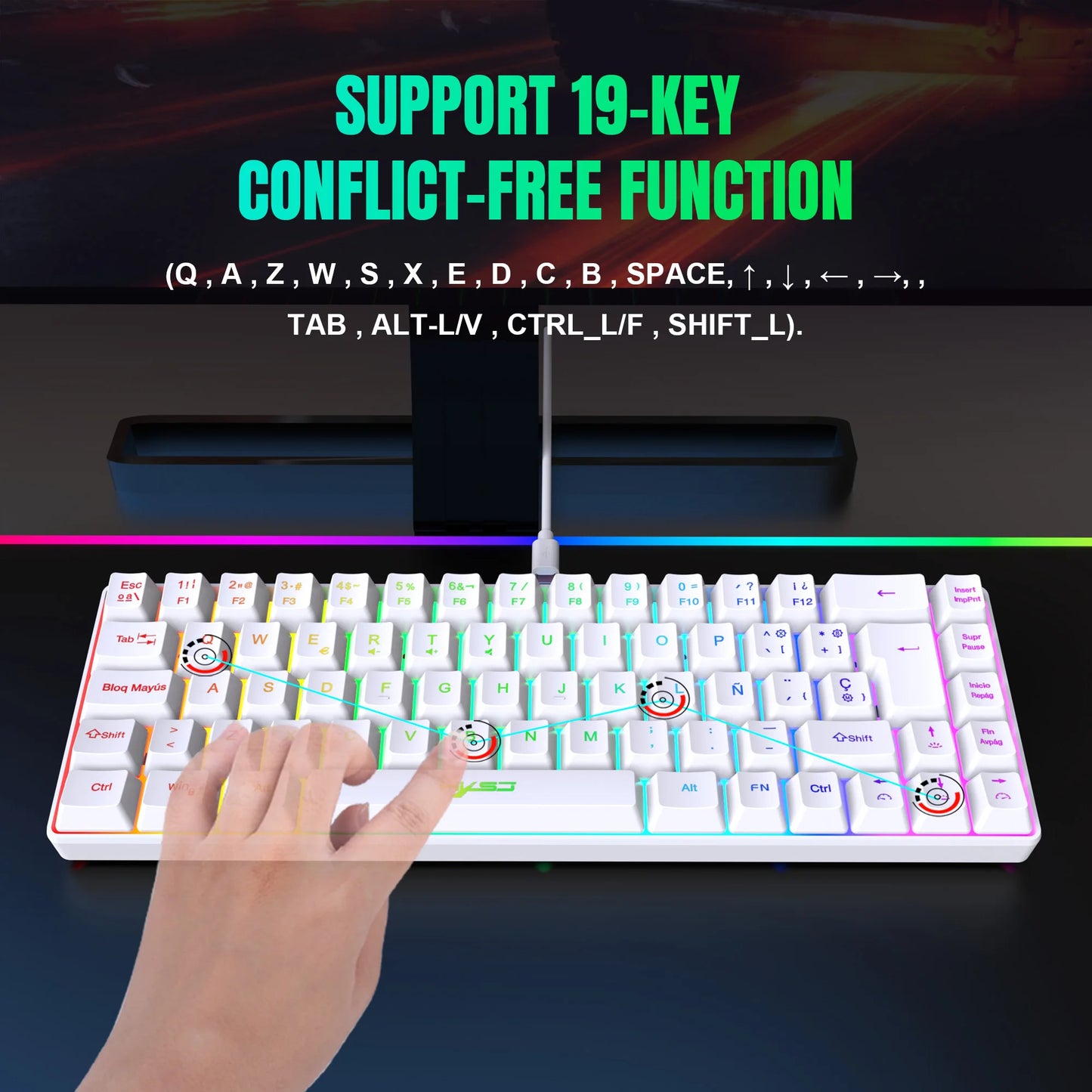 Hot sale!Spanish 69-key RGB backlit wired gaming keyboard, 68% compact design, A must-have gadget for office workers and gamers