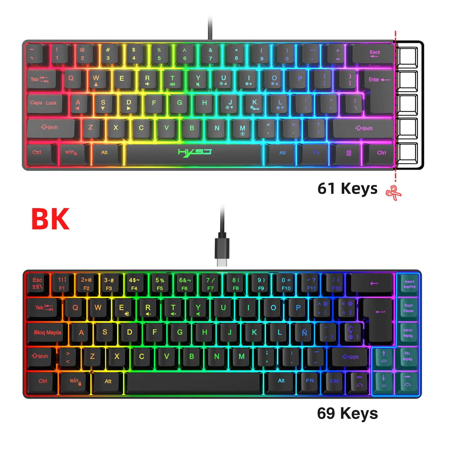 Hot sale!Spanish 69-key RGB backlit wired gaming keyboard, 68% compact design, A must-have gadget for office workers and gamers