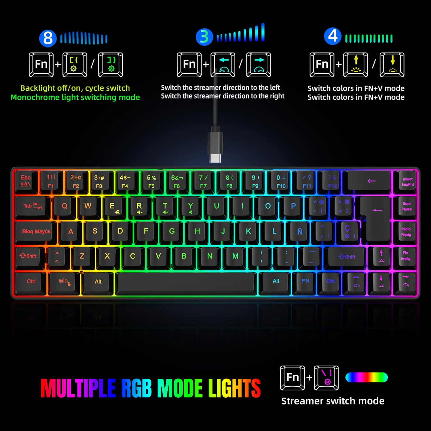 Hot sale!Spanish 69-key RGB backlit wired gaming keyboard, 68% compact design, A must-have gadget for office workers and gamers