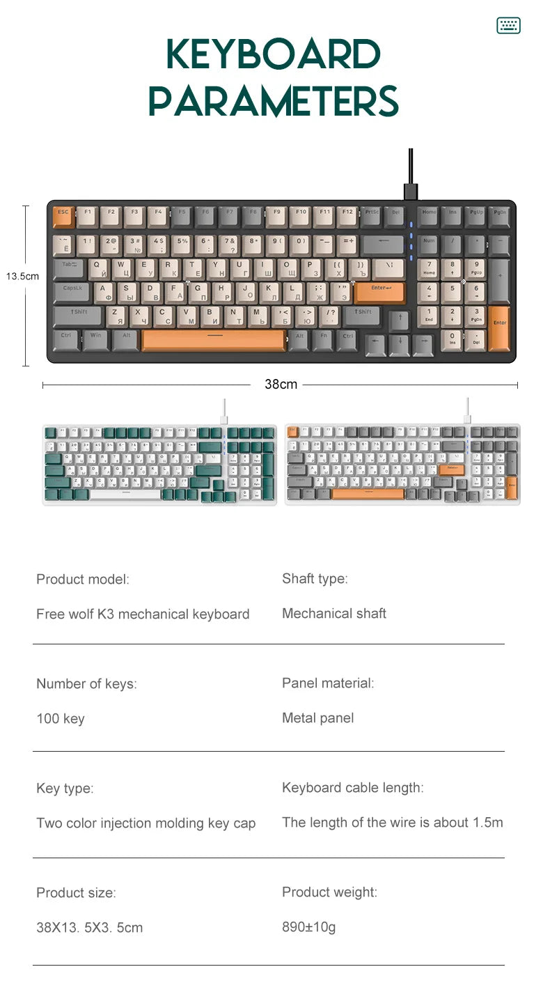 K3 Russian Mechanical Keyboard Red/Blue Switch Type-C RGB 9 Light Model 100 Keys Hot Swap Axis Game Computer Customized Keyboard