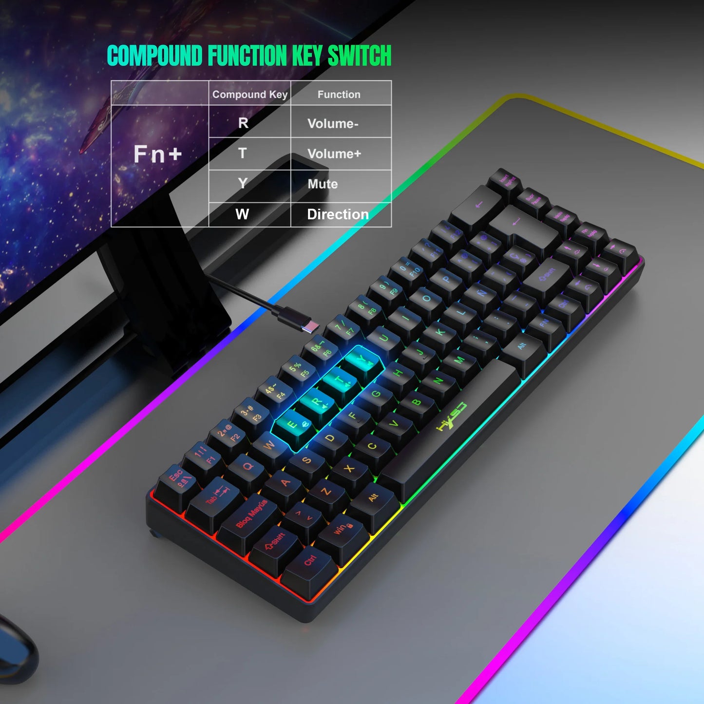 Hot sale!Spanish 69-key RGB backlit wired gaming keyboard, 68% compact design, A must-have gadget for office workers and gamers