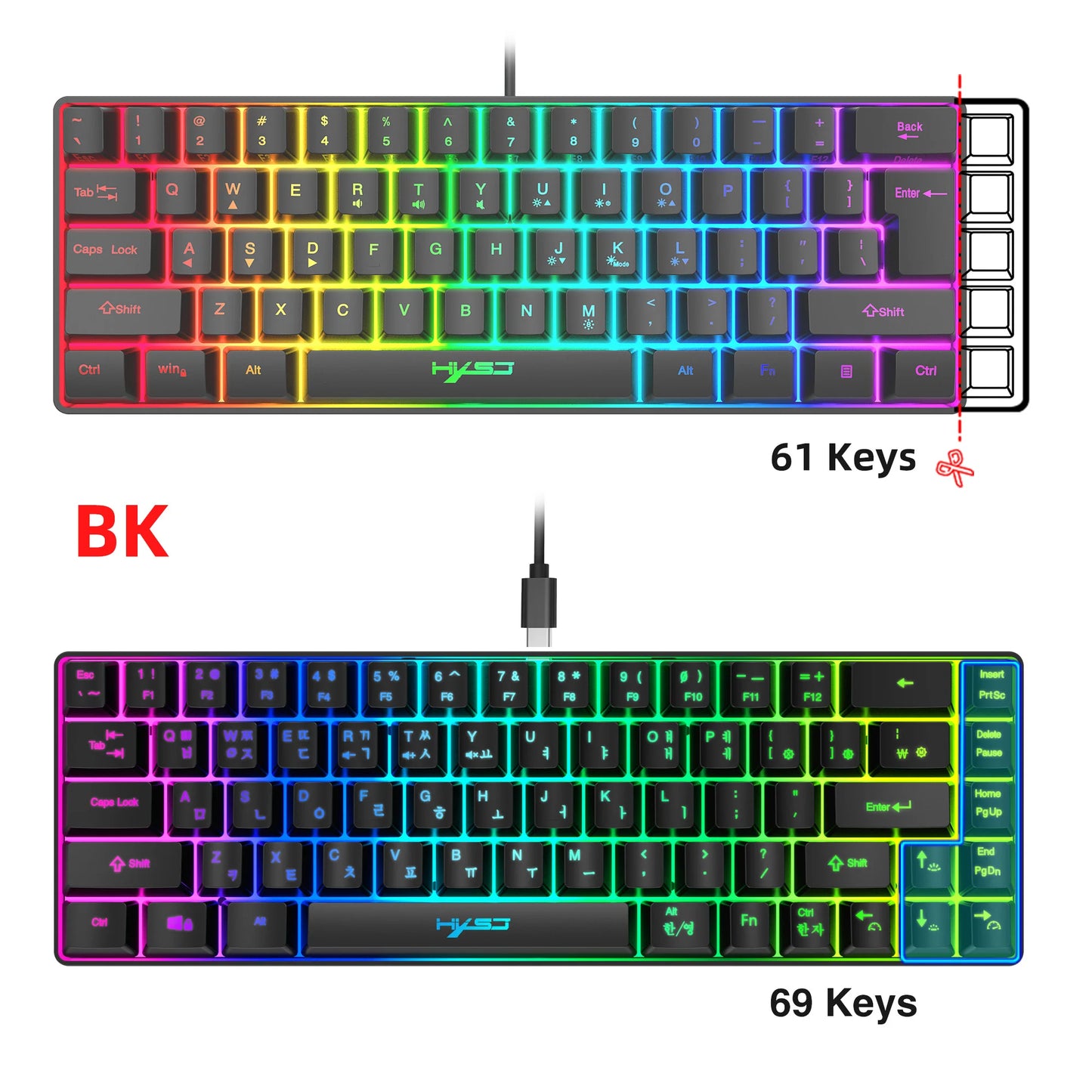 Hot sale HXSJ V200 65% Korean gaming Keyboard, 68-Key RGB Backlit Wired office membrane Keyboard for Desktop PC and Laptops