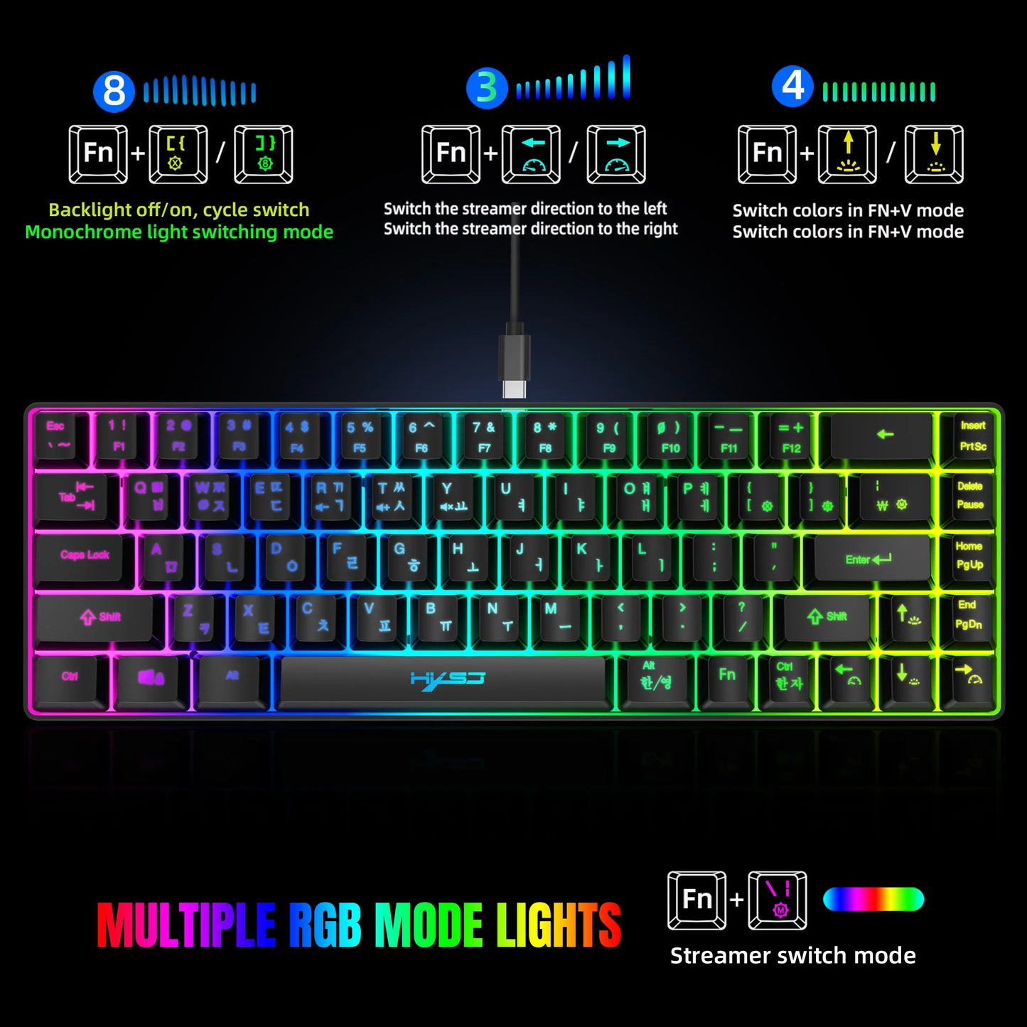 Hot sale HXSJ V200 65% Korean gaming Keyboard, 68-Key RGB Backlit Wired office membrane Keyboard for Desktop PC and Laptops