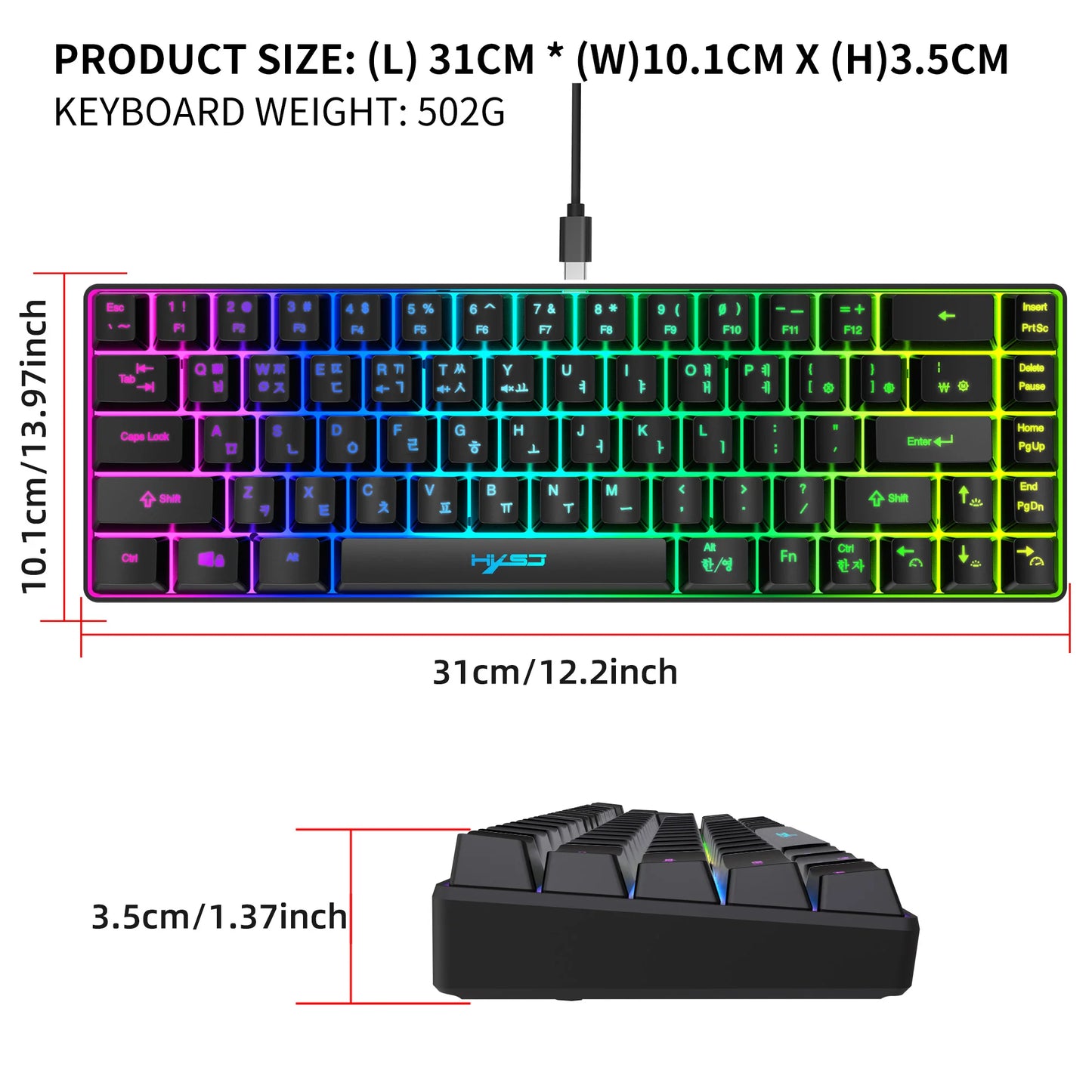 Hot sale HXSJ V200 65% Korean gaming Keyboard, 68-Key RGB Backlit Wired office membrane Keyboard for Desktop PC and Laptops