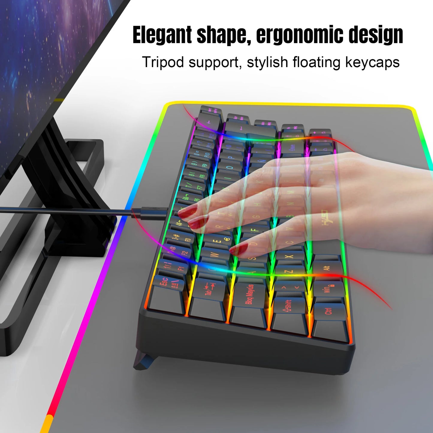 Hot sale!Spanish 69-key RGB backlit wired gaming keyboard, 68% compact design, A must-have gadget for office workers and gamers