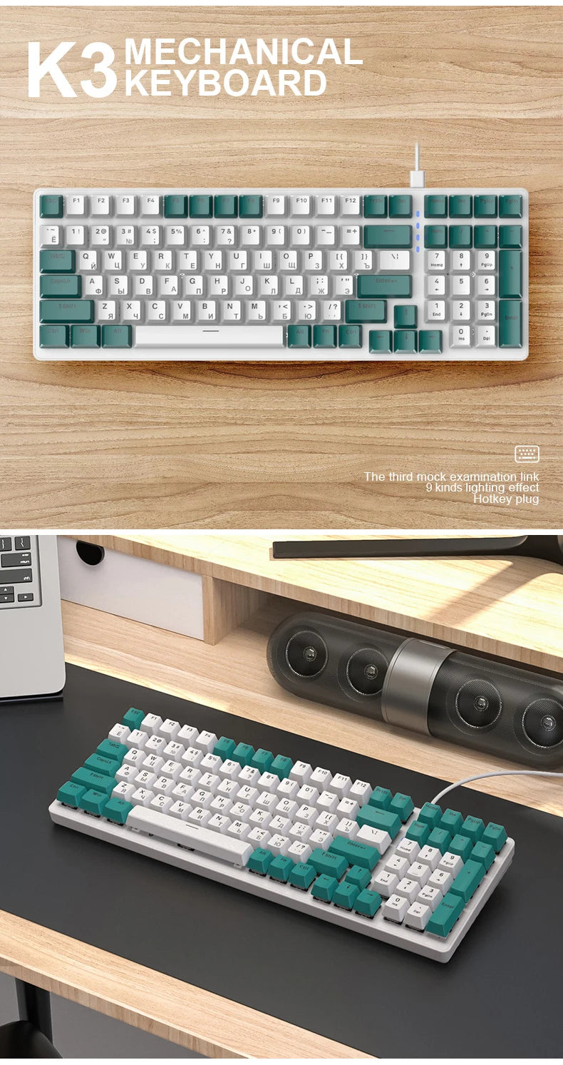 K3 Russian Mechanical Keyboard Red/Blue Switch Type-C RGB 9 Light Model 100 Keys Hot Swap Axis Game Computer Customized Keyboard