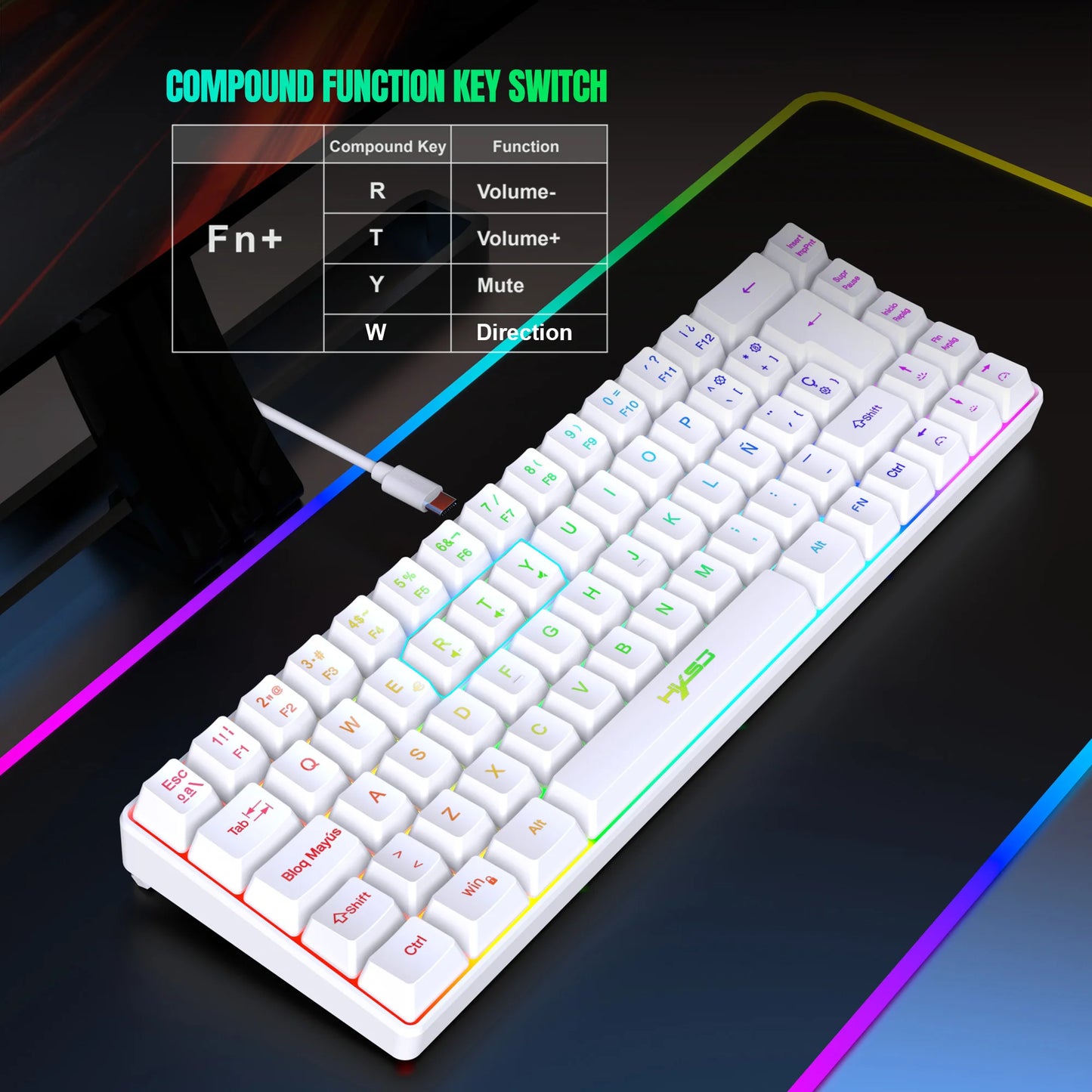 Hot sale!Spanish 69-key RGB backlit wired gaming keyboard, 68% compact design, A must-have gadget for office workers and gamers