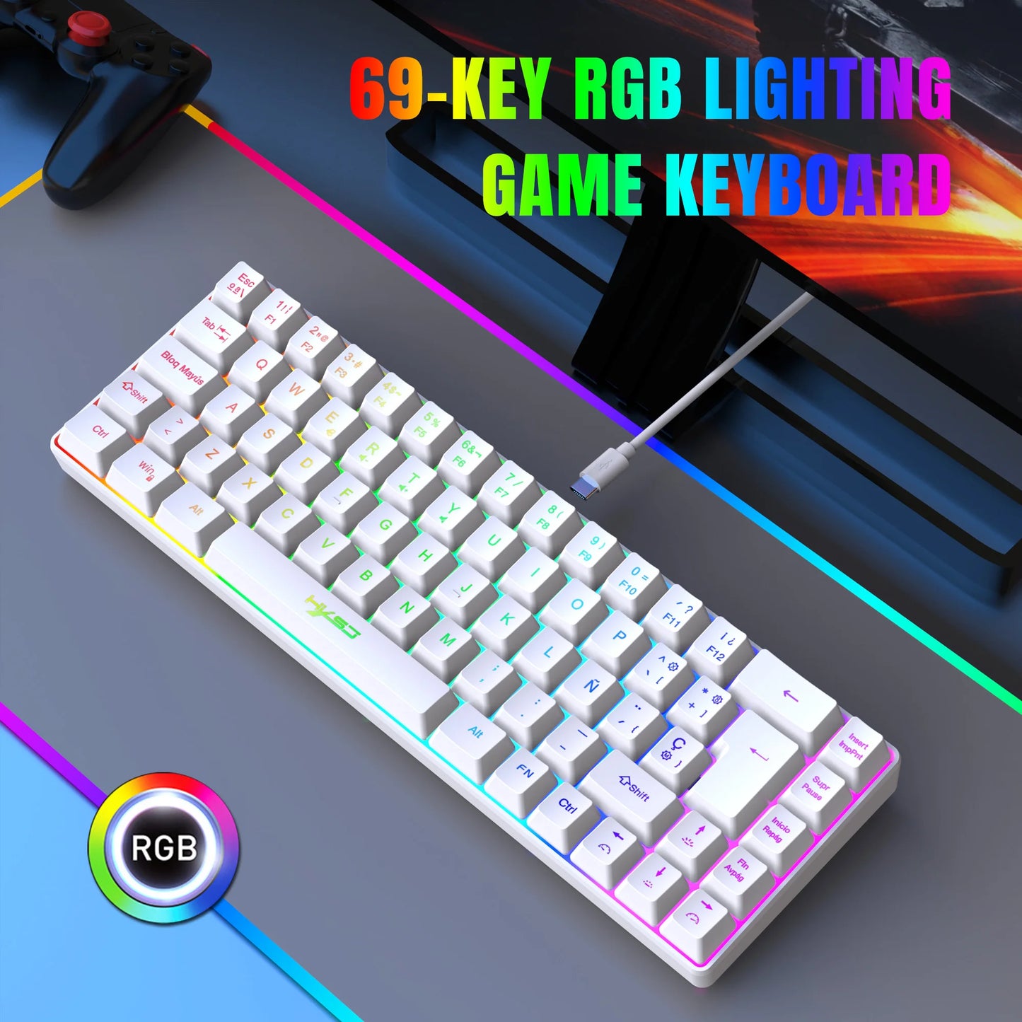 Hot sale!Spanish 69-key RGB backlit wired gaming keyboard, 68% compact design, A must-have gadget for office workers and gamers