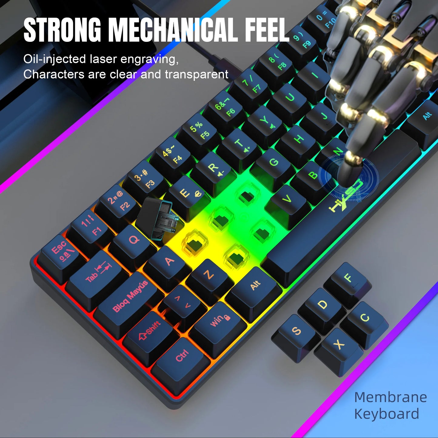 Hot sale!Spanish 69-key RGB backlit wired gaming keyboard, 68% compact design, A must-have gadget for office workers and gamers