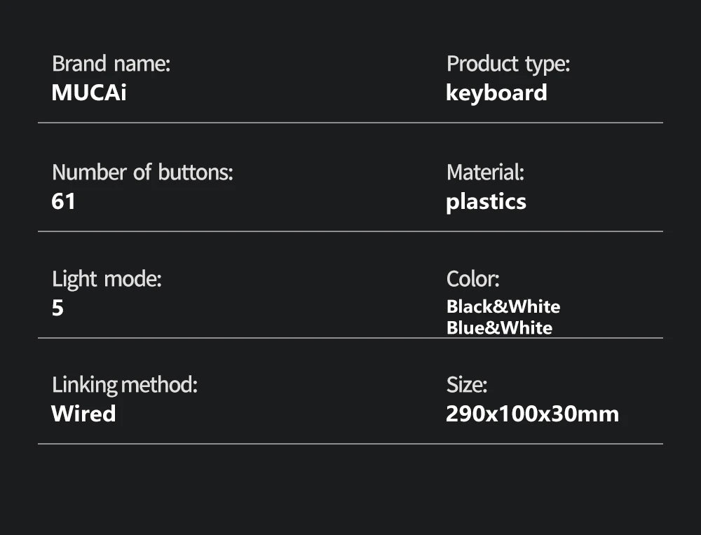 MUCAI MK61 RGB Backlit Gaming Mechanical Keyboard 61-Key Red Switch Wired Detachable Cable USB Interface Hot Swappable