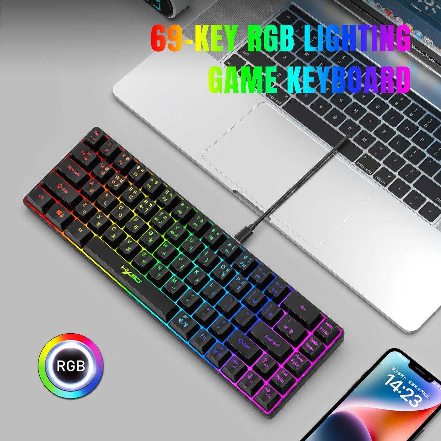 Hot sale HXSJ V200 65% Korean gaming Keyboard, 68-Key RGB Backlit Wired office membrane Keyboard for Desktop PC and Laptops