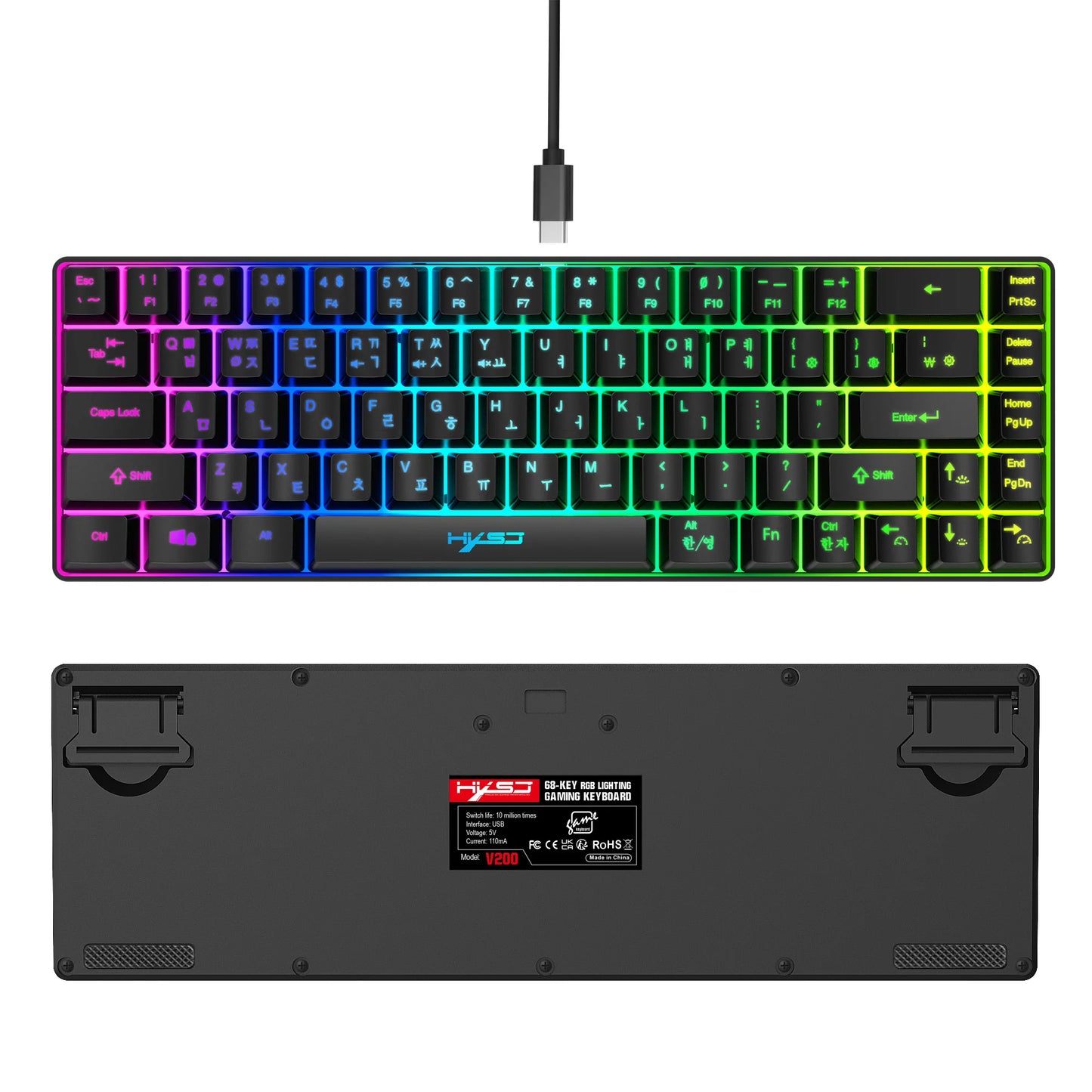 Hot sale HXSJ V200 65% Korean gaming Keyboard, 68-Key RGB Backlit Wired office membrane Keyboard for Desktop PC and Laptops