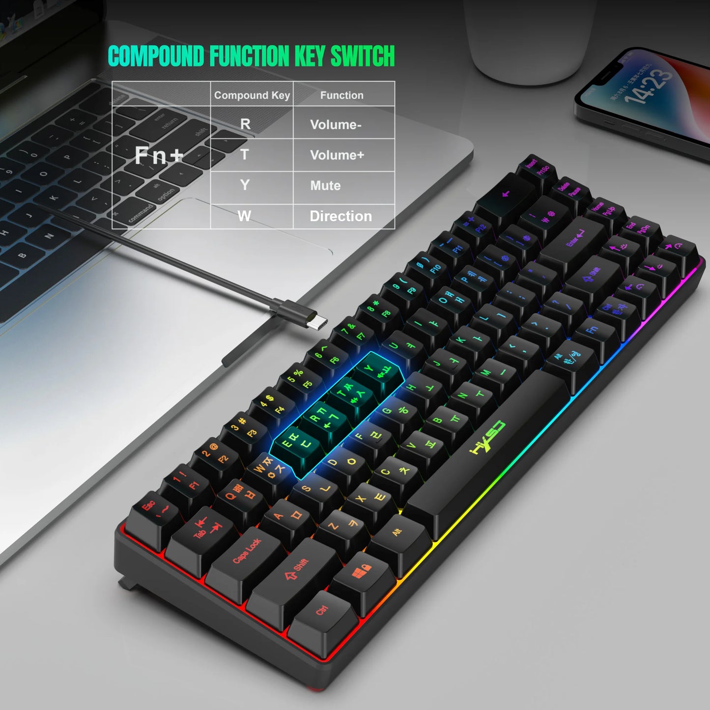 Hot sale HXSJ V200 65% Korean gaming Keyboard, 68-Key RGB Backlit Wired office membrane Keyboard for Desktop PC and Laptops