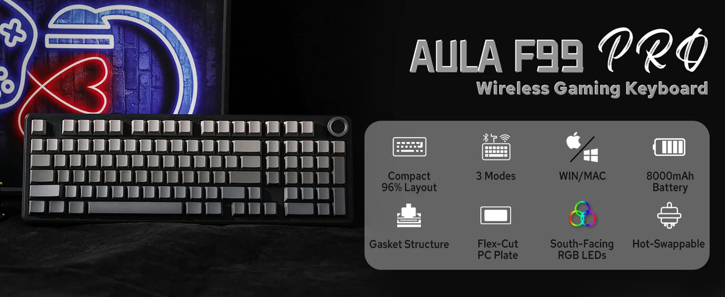 AULA F99 Pro Wireless Mechanical Keyboard RGB Backlit Hot Swappable Custom Keyboard 2.4G/USB-C/BT5.0 Mechanical Gaming Keyboards
