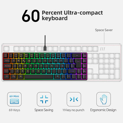Hot sale!Spanish 69-key RGB backlit wired gaming keyboard, 68% compact design, A must-have gadget for office workers and gamers