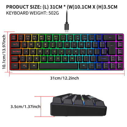 Hot sale!Spanish 69-key RGB backlit wired gaming keyboard, 68% compact design, A must-have gadget for office workers and gamers