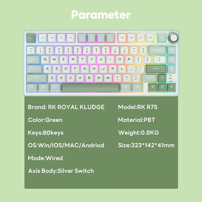 RK R75 Royal Kludge Wired Mechanical Keyboard 80 Keys 80% Gasket RGB Backlit Hot-swappable Gaming Keyboard with MDA PBT Keycaps