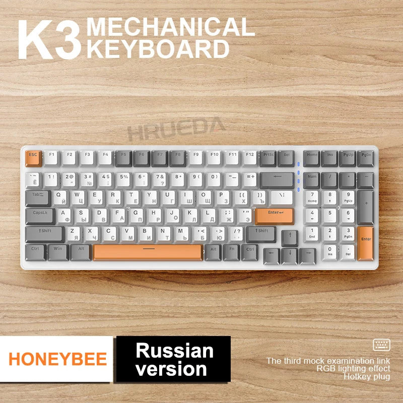 K3 Russian Mechanical Keyboard Red/Blue Switch Type-C RGB 9 Light Model 100 Keys Hot Swap Axis Game Computer Customized Keyboard