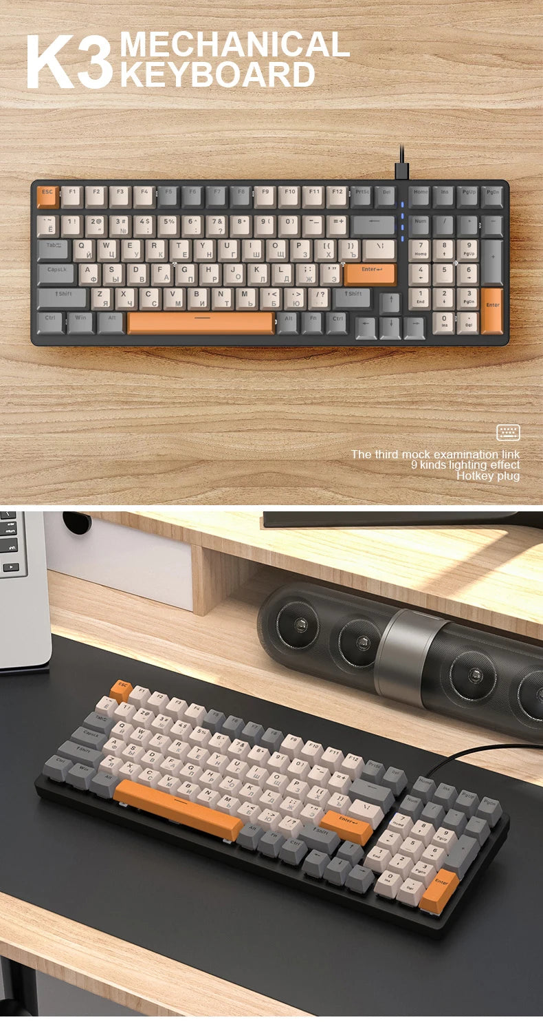 K3 Russian Mechanical Keyboard Red/Blue Switch Type-C RGB 9 Light Model 100 Keys Hot Swap Axis Game Computer Customized Keyboard