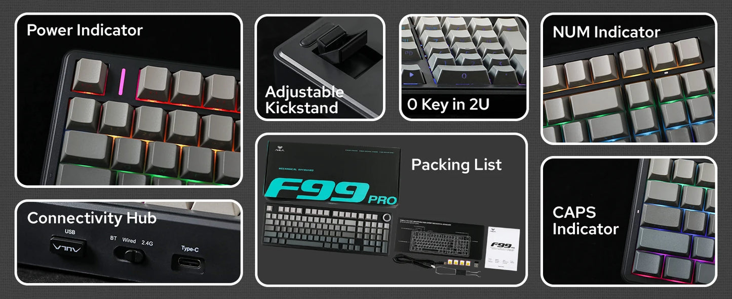 AULA F99 Pro Wireless Mechanical Keyboard RGB Backlit Hot Swappable Custom Keyboard 2.4G/USB-C/BT5.0 Mechanical Gaming Keyboards