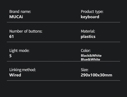 MUCAI MK61 RGB Backlit Gaming Mechanical Keyboard 61-Key Red Switch Wired Detachable Cable USB Interface Hot Swappable